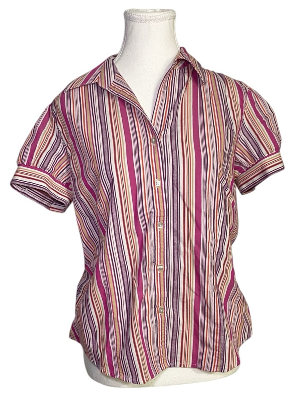 George Y2K Stretch Vibrant Multi-Stripe Puff Sleeve Button-Down Shirt